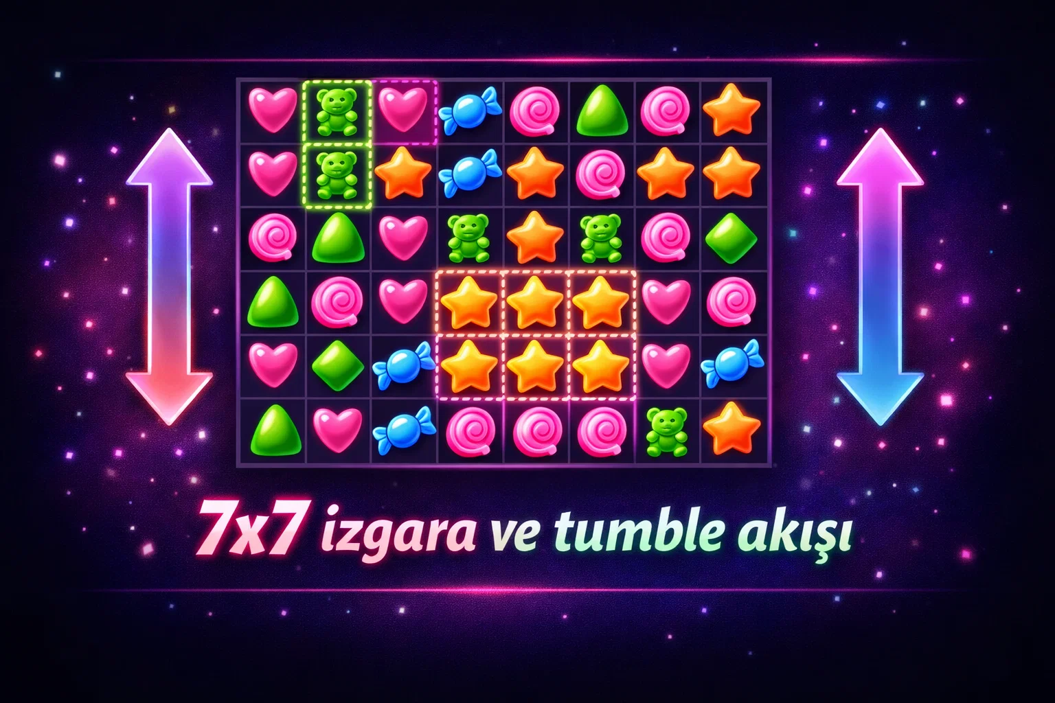 7x7 grid ve tumble akisi semasi Sugar Rush